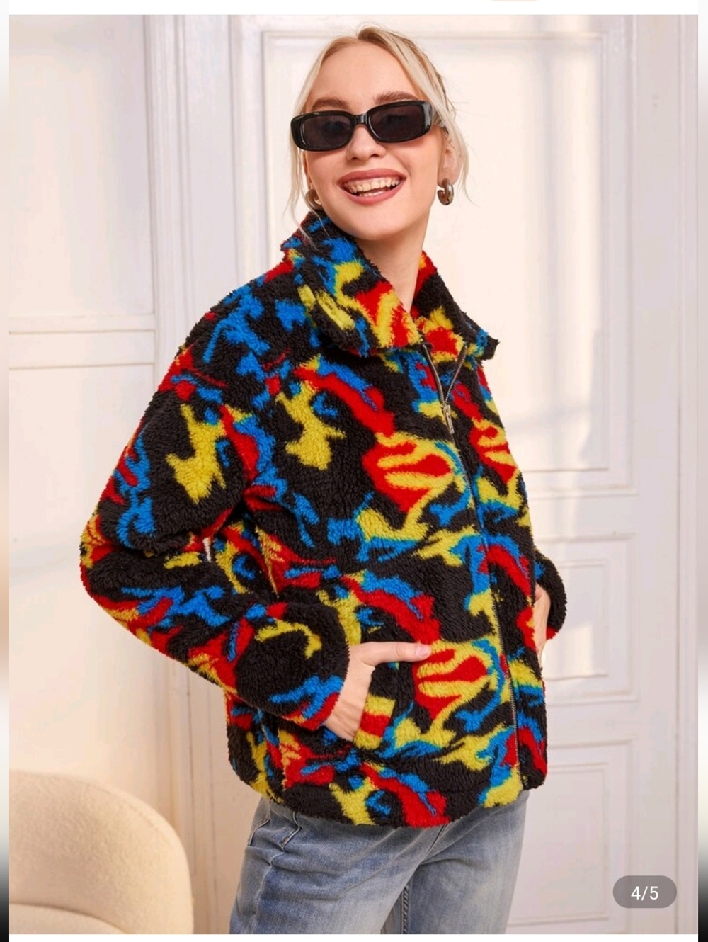 SHEIN Multicolor Fuzzy Zip-Up Jacket - Black, Red, Blue, Yellow